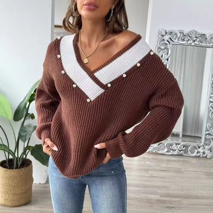 Pearla - Damen Strickpullover mit V-Ausschnitt und Perlendetails