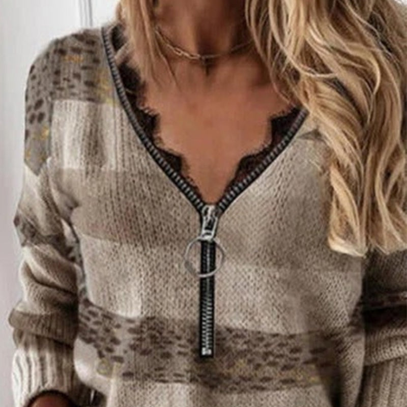 Glomu - Damen Pullover mit Spitzen-Reißverschluss