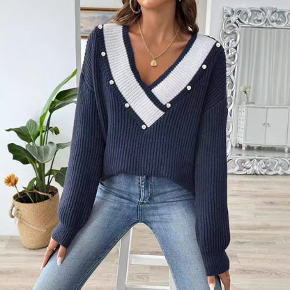 Pearla - Damen Strickpullover mit V-Ausschnitt und Perlendetails